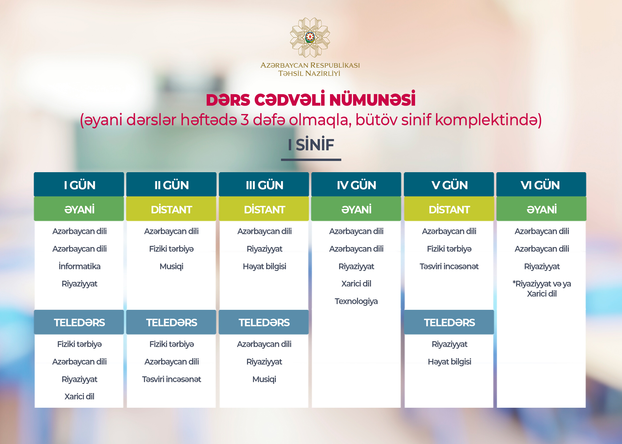 Yeni dərs ili üçün nümunəvi cədvəllər