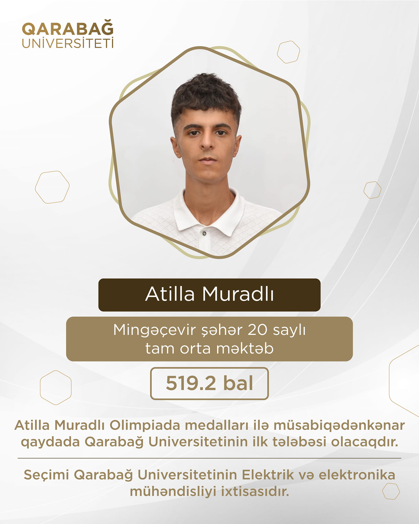 Qarabağ Universitetinin ilk tələbəsi müsabiqədənkənar qəbul olub